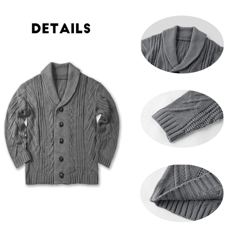 Karlywindow Mens Cable Knit Cardigan Sweater Shawl Collar Loose Fit Long Sleeve Casual Cardigans Grey - Image 4